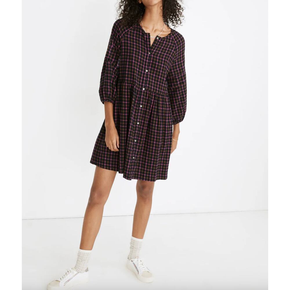 Madewell Plaid Flannel Shirt Dress Raglan Button Front Casual Oversized US 0 NWT